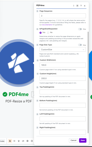 将 PDF4me 的 PDF-Resize 模块设置为：文件设置为 Dropbox 下载文件，页面顺序设置为 2，IsPageSizeRequested 设置为 Yes，页面大小类型设置为 CustomSize，自定义宽度 1000mm，自定义高度 1000mm，顶部内边距 1000mm，右侧内边距 0.0mm。